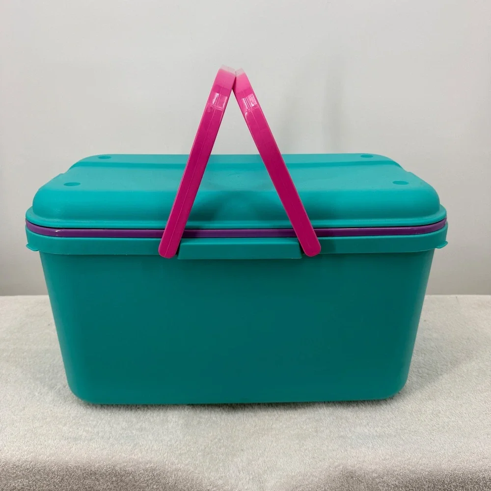 Vtg Eagle CraftStor Sewing Storage Box Teal Pink Purple 90s Retro USA Large 19